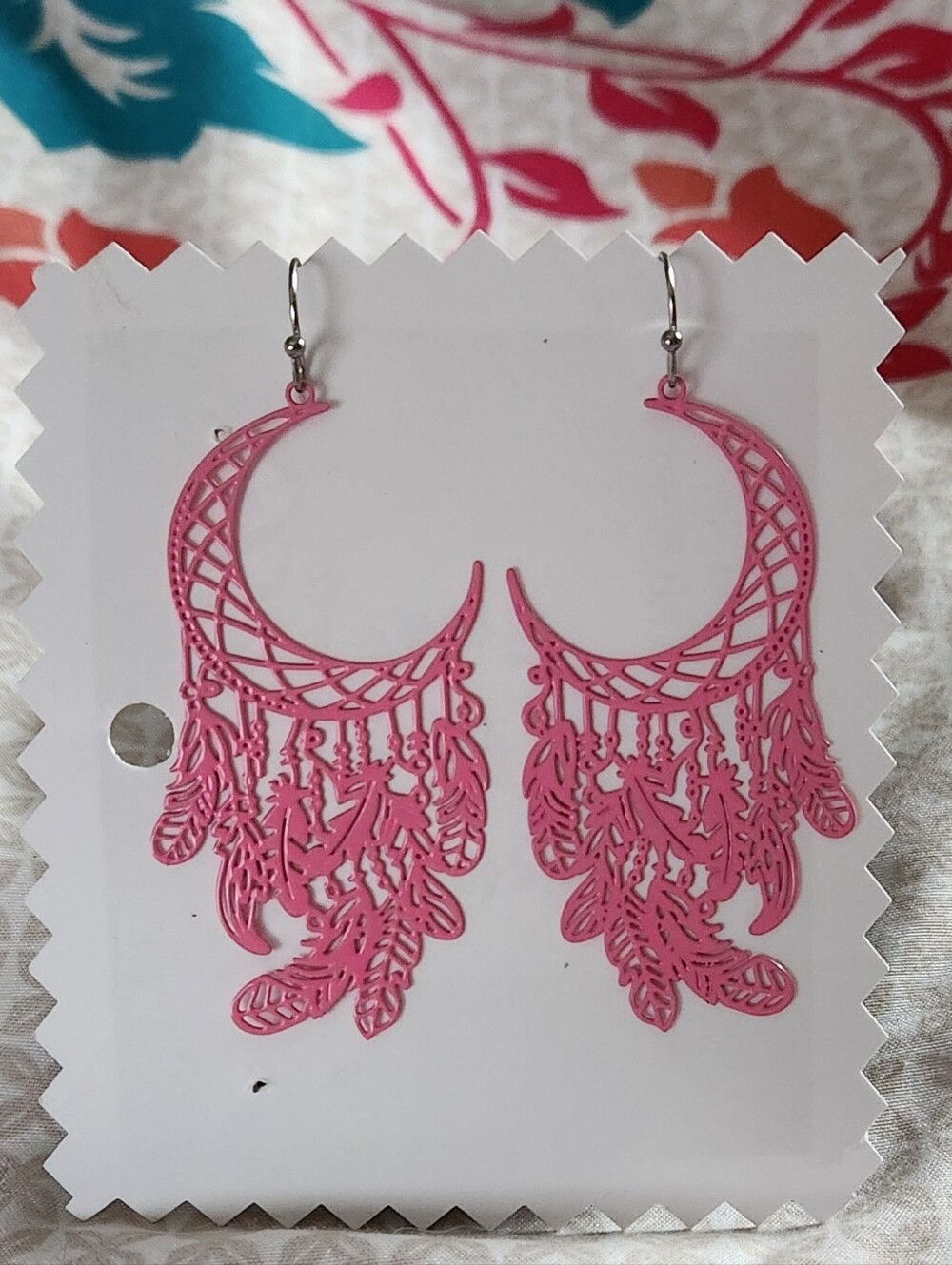 Delicate Pink Filigree Feather Drop Earrings